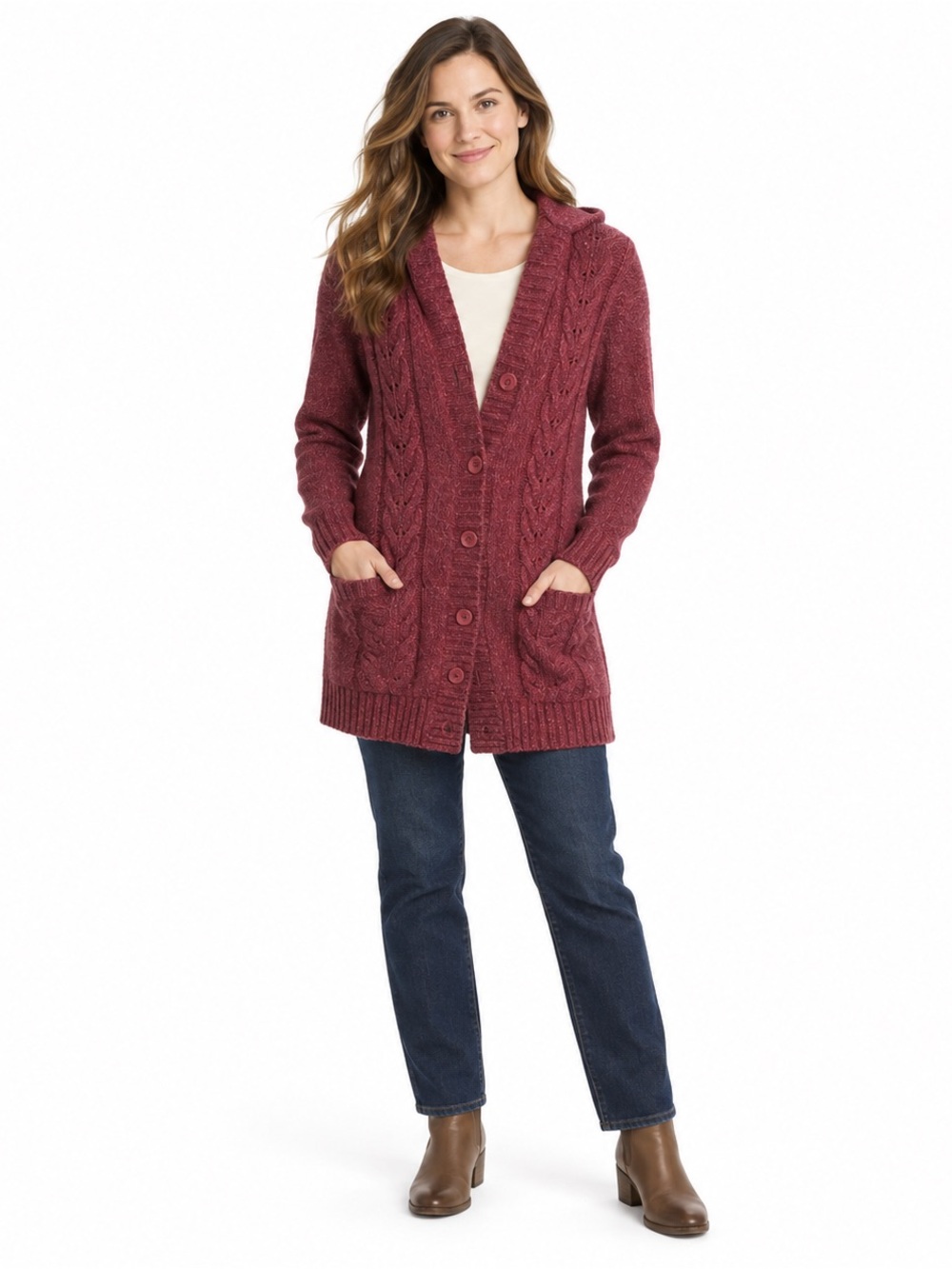 L.L.Bean Women’s M Raspberry Hooded Cable Knit Long Cardigan Wool Blend